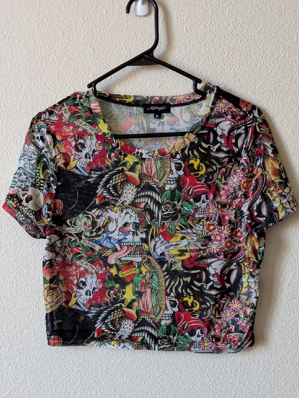 Ed Hardy Traditional Tattoo-Print Mesh Crop Top